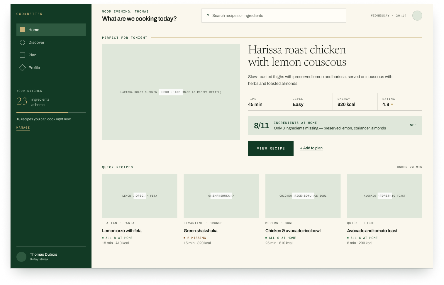 Cook Better V2 — écran d'accueil desktop Forest Premium