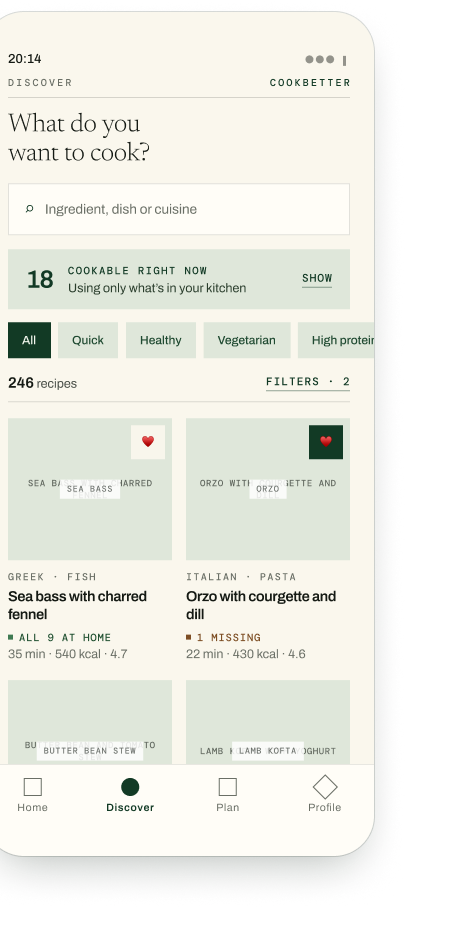 Cook Better mobile — écran Discover