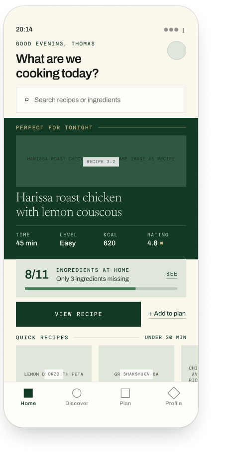 Cook Better V2 — écran d'accueil mobile Forest Premium