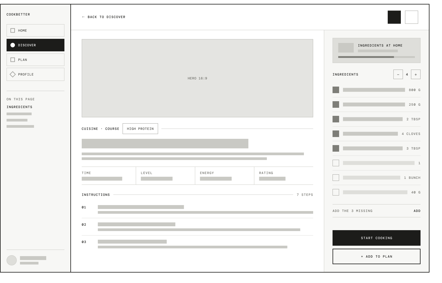 Wireframe Cook Better desktop — fiche recette