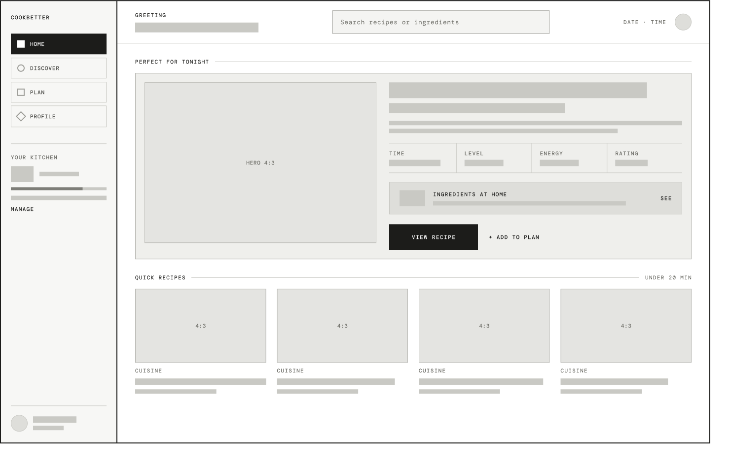 Wireframe Cook Better desktop — écran d'accueil