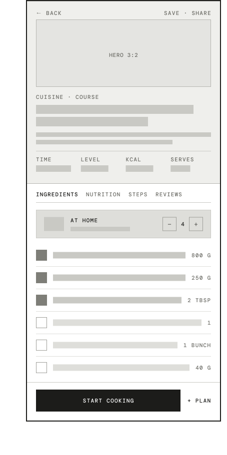 Wireframe Cook Better mobile — fiche recette