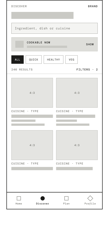 Wireframe Cook Better mobile — écran Discover