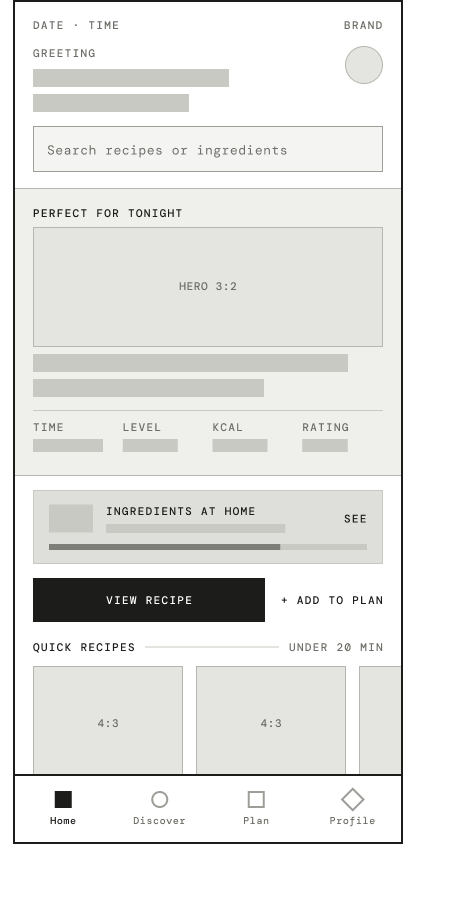 Wireframe Cook Better mobile — écran d'accueil