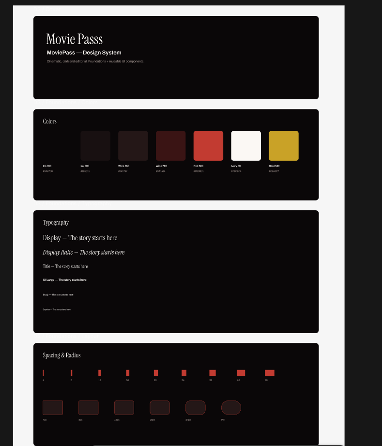 Design system Movie Pass — couleurs, typographie, espacements