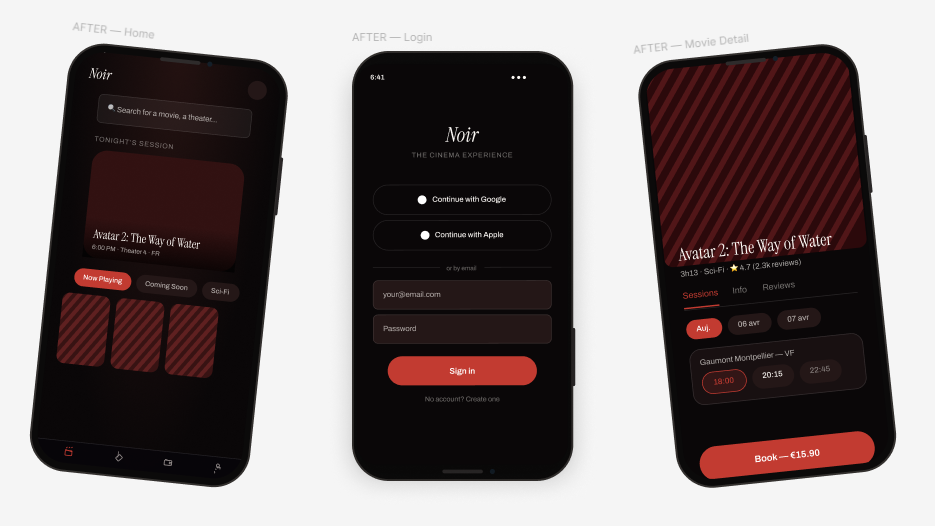 Movie Pass V2 — Noir, écrans Home, Login et Movie Detail