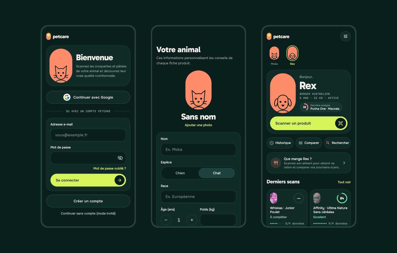 PetCare — écrans de connexion, création du profil de l'animal et accueil avec deux animaux