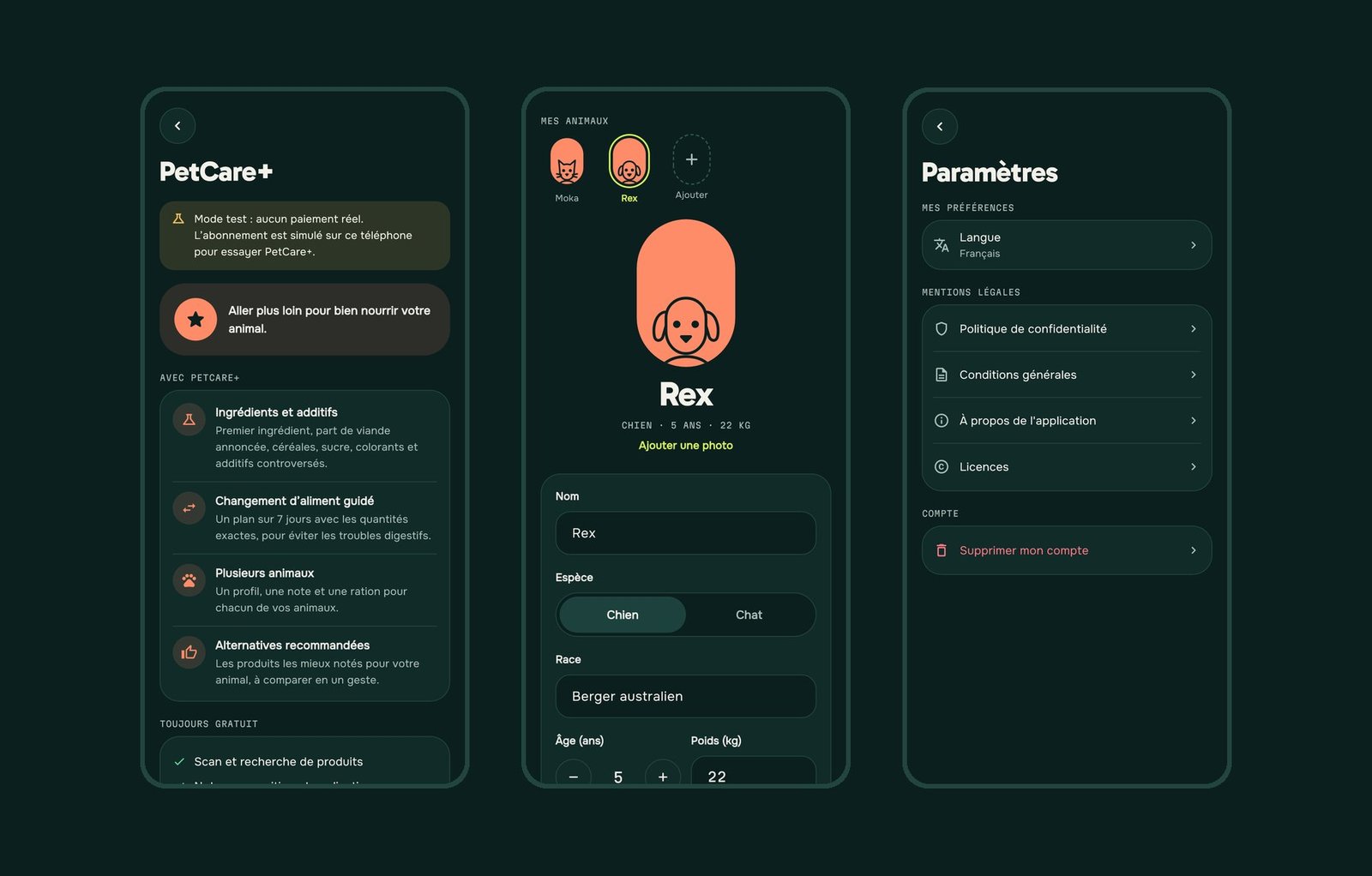 PetCare — écran PetCare+, profil avec deux animaux et paramètres