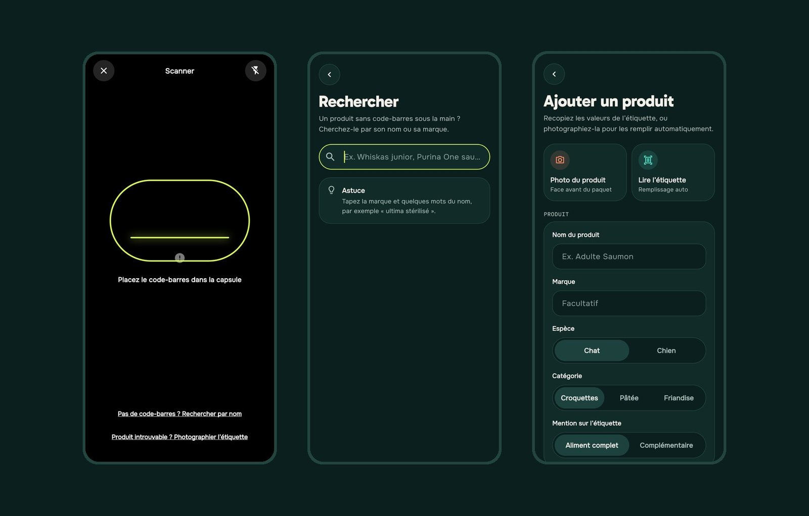 PetCare — scanner de code-barres, recherche par nom et ajout d'un produit