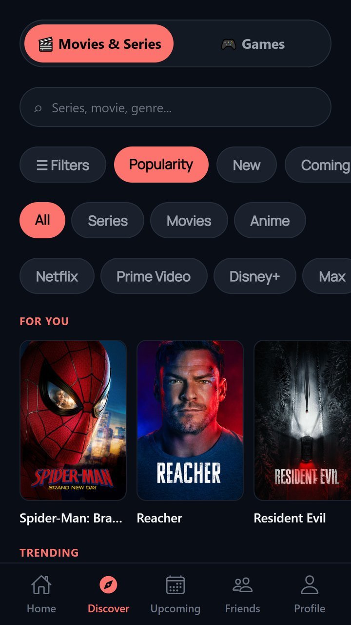 Rewind — écran Découvrir avec filtres et recommandations