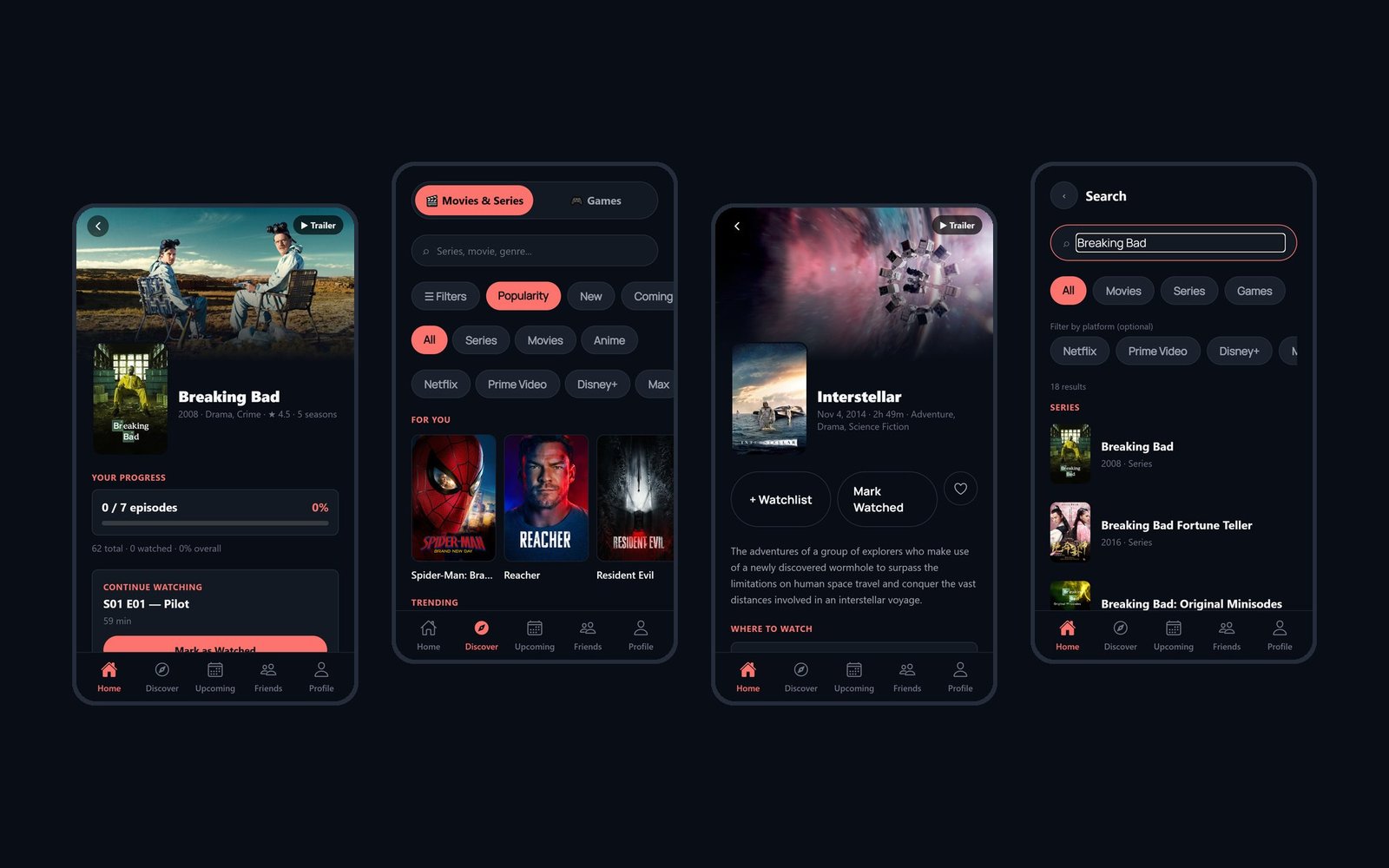 Rewind — quatre écrans de l'application : fiche série, découverte, fiche film et recherche