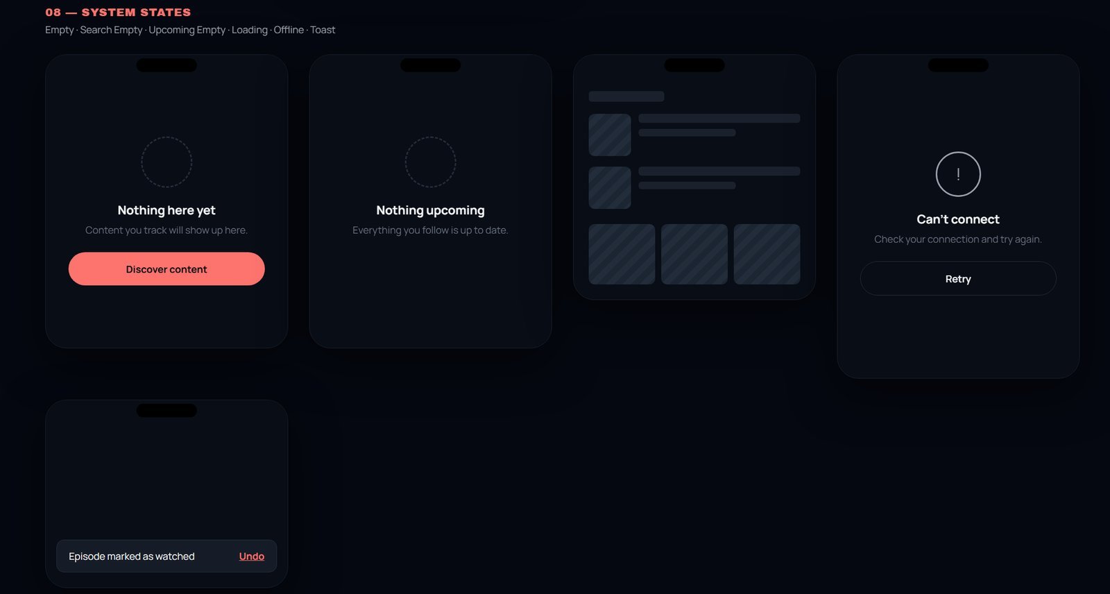 Rewind — maquettes des états vides, du chargement, du mode hors ligne et d'une notification avec annulation